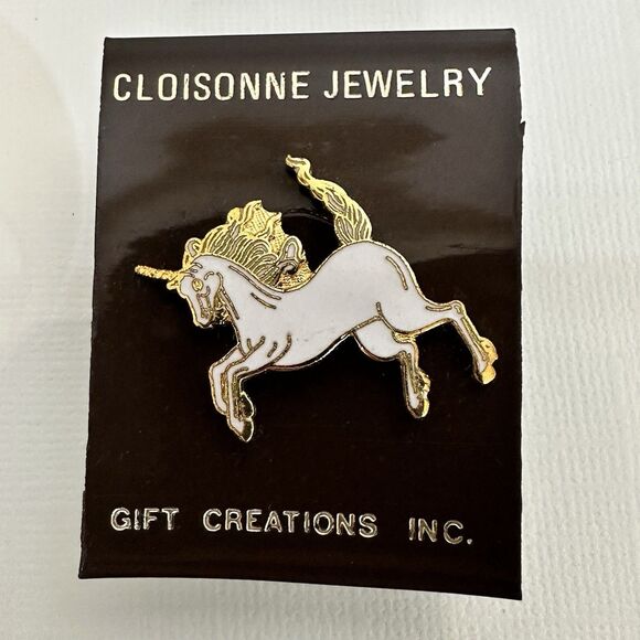 Vintage 1980 Gift Creations Unicorn Cloisonne Lapel Pin Brooch White Gold Enamel - Picture 8 of 9